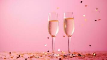 ai generato Due bicchieri per bottiglia di Champagne, con coriandoli su un' rosa sfondo foto