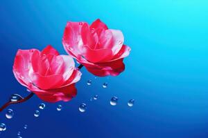 ai generato tre fiore mini cuffie con acqua gocciolina contro un' blu sfondo foto