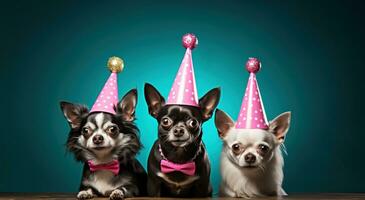 ai generato tre cani nel festa cappelli in piedi al di sopra di un' nero sfondo foto