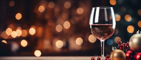 ai generato un' bicchiere di vino con Natale ornamenti accanto esso foto