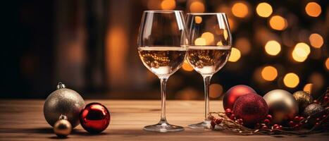 ai generato un' bicchiere di vino con Natale ornamenti accanto esso foto