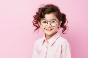 ai generato contento giovane ragazza indossare bicchieri su un' rosa sfondo foto