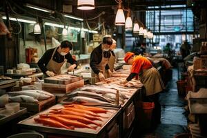 ai generato non identificato giapponese persone vendita fresco pesce a il tsukiji pesce mercato nel tokyo, Giappone, un' vivace pesce mercato nel tokyo, ai generato foto