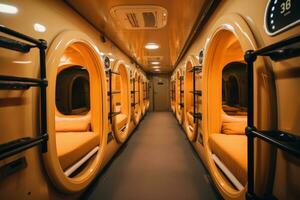 ai generato interno di un' treno cabina con arancia posti a sedere e cabine, un' capsula Hotel camera nel tokyo con alto Tech servizi, ai generato foto