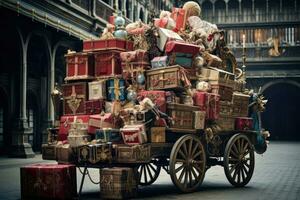 ai generato Vintage ▾ di legno carrozza con Natale i regali nel Firenze, Toscana, Italia, un' carrello ammucchiati alto con ornato scatole di sorprese, ai generato foto