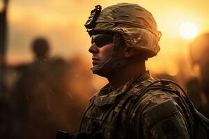ai generato un' soldato è Tenere un americano bandiera mentre guardare a tramonto foto