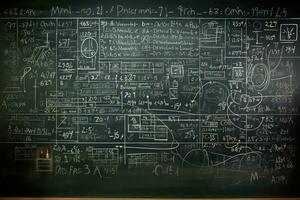 ai generato matematico formule su un' lavagna nel il aula a scuola, un' lavagna pieno con matematico formule scritto di un' genio alunno, ai generato foto