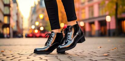 ai generato nero caviglia stivali di un' donna a piedi giù un' strada foto