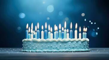 ai generato blu compleanno torta con illuminato candele foto