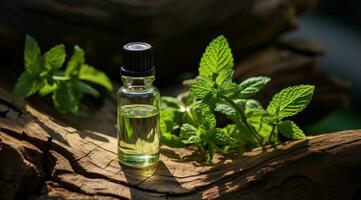 ai generato essenziale olio, menta essenziale olio, naturale, legna foto