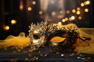 ai generato un' giallo e oro masquerade maschera con bling nel oro e argento foto