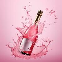 ai generato rosa vino bottiglia nel un' rosa acqua spruzzo con bolle nel il schiuma foto