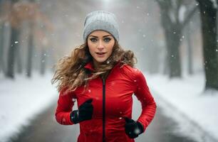 ai generato donne jogging nel il neve sorridente mentre in esecuzione foto