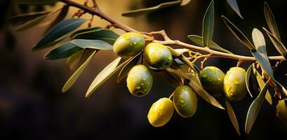 ai generato oliva frutta su buio verde rami foto