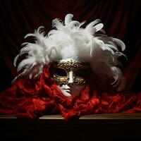ai generato realistico lusso mardi gras maschera con rosso e bianca piume contento mardi gras gay foto