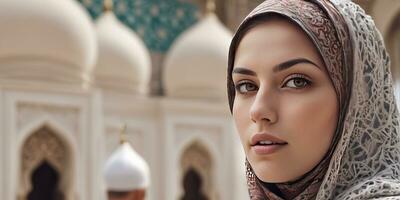 ai generato un' bellissimo donna indossare un' foulard nel davanti di un' moschea foto