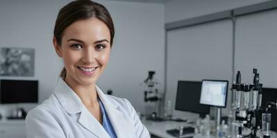 ai generato un' bellissimo sorridente donna indossare un' laboratorio cappotto nel il laboratorio foto