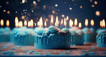 ai generato luminosa candele su un' blu compleanno torta, foto