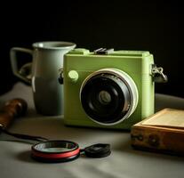 ai generato verde telecamera con tazza su verde sfondo foto