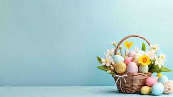 ai generato un' colorato Pasqua cestino traboccante con pastello uova e primavera fiori su un' blu sfondo foto