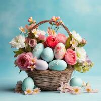 ai generato un' colorato Pasqua cestino traboccante con pastello uova e primavera fiori su un' blu sfondo foto