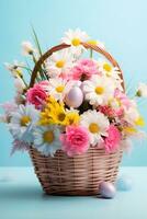 ai generato un' colorato Pasqua cestino traboccante con pastello uova e primavera fiori su un' blu sfondo foto