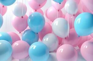 ai generato un' lotto di blu palloncini adornano un' rosa parete, io foto