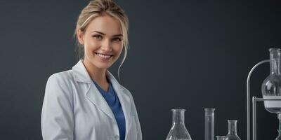 ai generato un' bellissimo sorridente donna indossare un' laboratorio cappotto nel il laboratorio foto