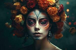 ai generato ritratto di un' donna con zucchero cranio trucco al di sopra di buio sfondo. Halloween costume e trucco. ritratto di Calavera catrina. generativo ai. foto