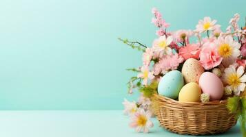 ai generato un' colorato Pasqua cestino traboccante con pastello uova e primavera fiori su un' blu sfondo foto