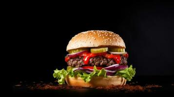 ai generato Manzo hamburger su nero sfondo con copia spazio foto