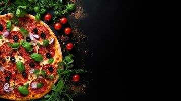 ai generato peperino Pizza su nero sfondo con copia spazio foto