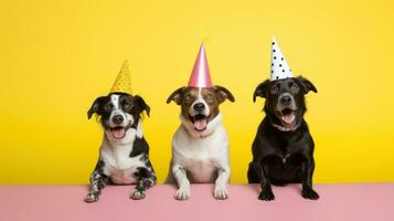 ai generato cani nel compleanno berretto su vivido sfondo foto