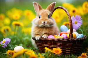 ai generato carino poco coniglietto e Pasqua uova nel un' cestino su un' verde prato. foto