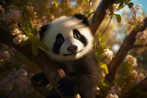 ai generato panda orso su un' albero ramo. foto