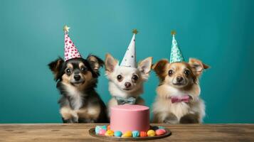 ai generato cani nel compleanno berretto su vivido sfondo foto