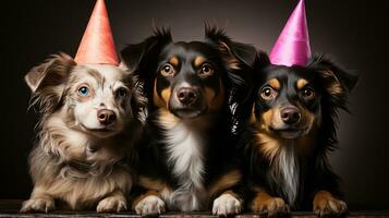 ai generato cani nel compleanno berretto su vivido sfondo foto