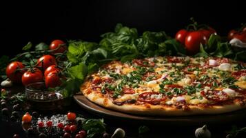 ai generato peperino Pizza su nero sfondo con copia spazio foto