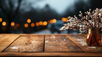 ai generato un' realistico foto - vuoto buio di legno tavolo e inverno fiori su esso, astratto inverno sfocato sfondo