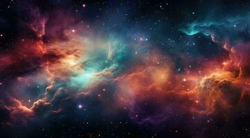 ai generato un' nebulosa è raffigurato con molti colorato stelle foto