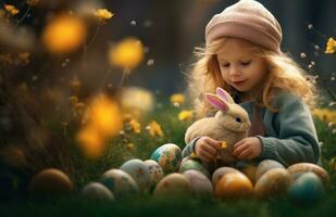 ai generato un' bambino è giocando su il erba con Pasqua uova foto