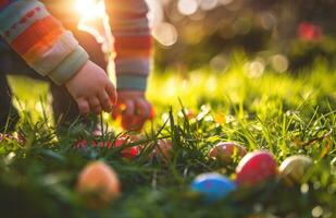 ai generato un' bambino è giocando su il erba con Pasqua uova foto