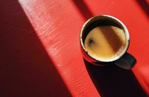 ai generato un' tazza di caffè è posto su un' rosso sfondo foto