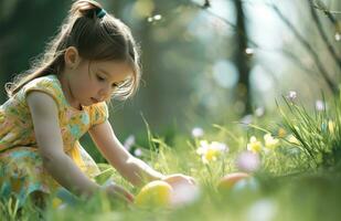 ai generato un' poco ragazza è raccolta su Pasqua uova nel un' erboso la zona foto