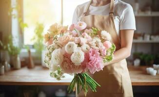 ai generato un' fioraio nel un grembiule con parecchi mazzi di fiori e fiori foto