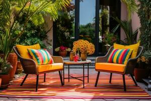 ai generato un' terrazza con all'aperto di vimini sedie e colorato tappeto foto