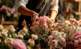 ai generato un' uomo nel un grembiule organizzazione fiori nel contenitori foto