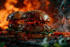 ai generato caldo hamburger su fuoco foto