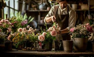 ai generato un' uomo nel un grembiule organizzazione fiori nel contenitori foto