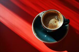 ai generato un' tazza di caffè è posto su un' rosso sfondo foto